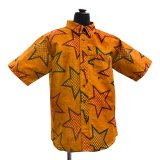 キテンゲ レギュラーカラー半袖シャツ 6（オレンジ×レッド）<br>フリーサイズ