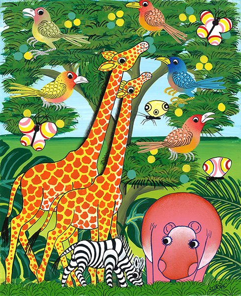 ティンガティンガ・アート 77「キリンのカップルと鳥と蝶と動物たち 