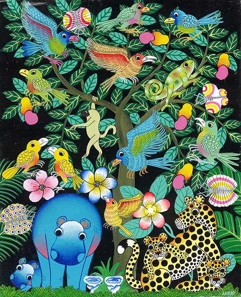 ティンガティンガ・アート 70「カバ、チーターの親子と鳥と蝶と仲間 