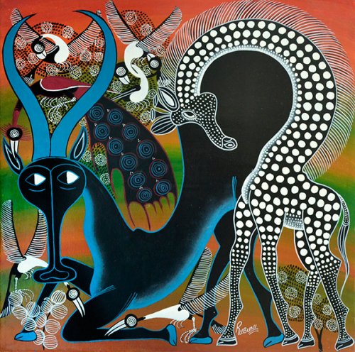 ティンガティンガ・アート 1590「キリンとガゼルと鳥～レインボー」by 