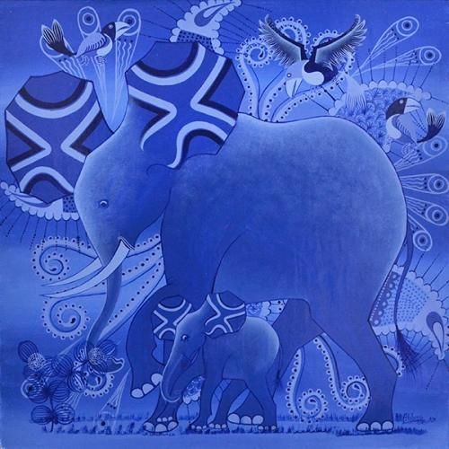 水色の象の絵画 フラワーエレファント90x120cm タッチドピクチャー