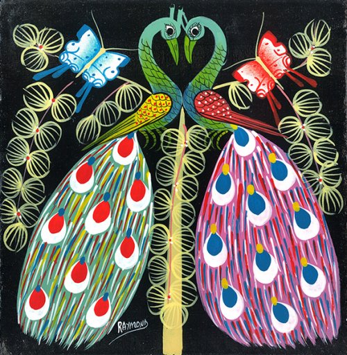 ティンガティンガ・アート 11130「花の樹にとまるクジャクのカップル 