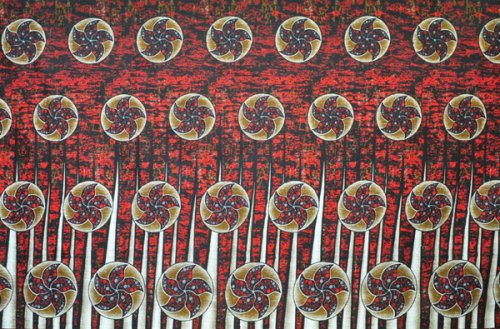 アフリカンプリント布 キテンゲ 151『カルトロップ』（赤×茶）布 縦約
