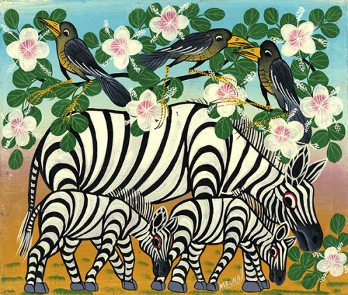 ティンガティンガ・アート 314「花の樹に憩うシマウマの家族とアフリカ 