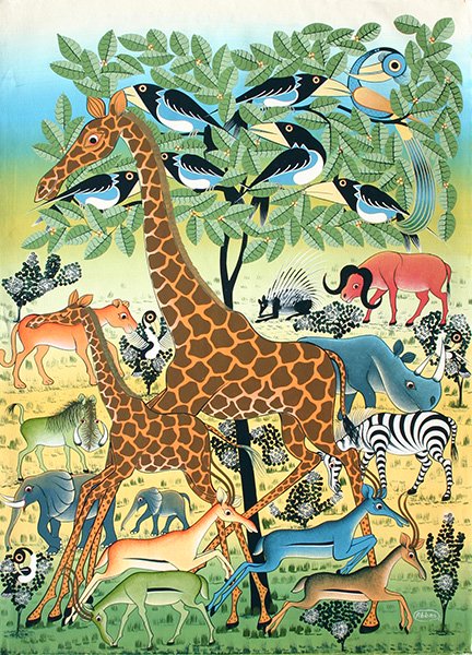 ティンガティンガ・アート 604「樹の下に集うキリンの親子と動物たち