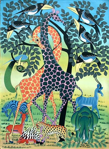 アフリカアート キリン【画家 サイン入り】 (2) アフリカアート サイ