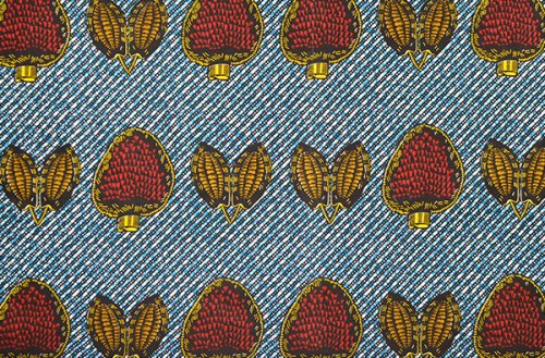新柄！アフリカンプリント布 キテンゲ 191『ドリアンとカカオ』（青×赤 
