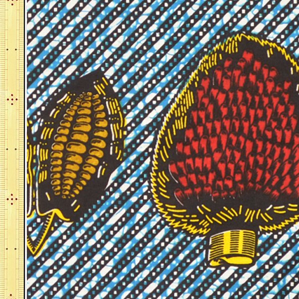 アフリカンプリント布 キテンゲ 191『ドリアンとカカオ』（青×赤）布 縦約105cm、横長さ1m単位で販売 - アフリカ フェ＠バラカのセレクトショップ～アフリカ雑貨・アフリカ布カンガ キテンゲ ・タンザニアコーヒー紅茶スパイス・ティンガティンガアートOnlineShop～