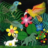 ティンガティンガ・アート 6987<br>「アフリカの鳥と動物たち〜コーヒーの木〜ブラック」<br>by ルーカス<br>Sサイズ
