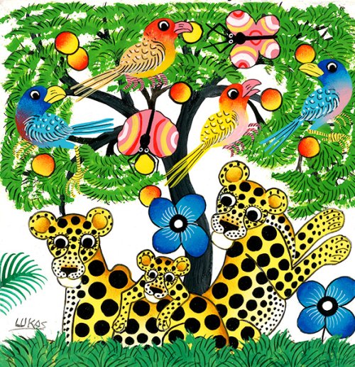 ティンガティンガ・アート 14926「チーターの親子とアフリカの鳥と蝶
