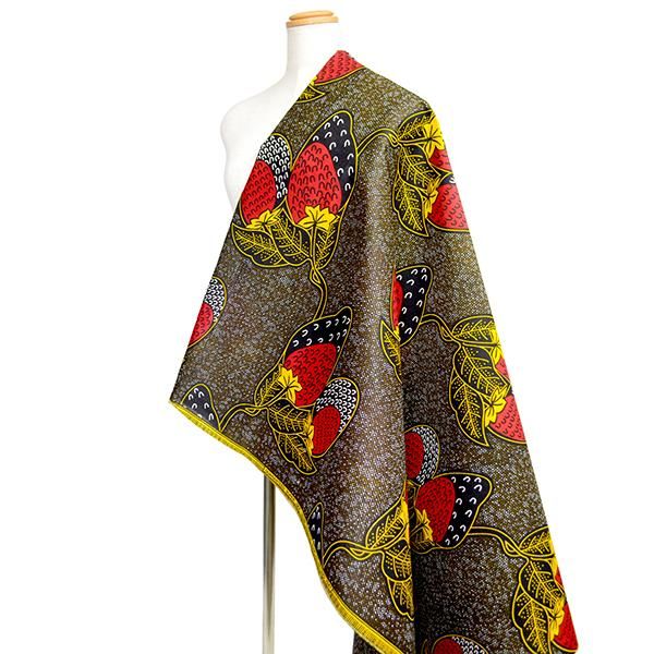 アフリカンプリント布 キテンゲ 205 『イチゴ』（茶×赤）布 縦約