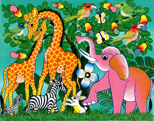 ティンガティンガ・アート 150「キリンの親子と鳥と蝶と仲間たち ...