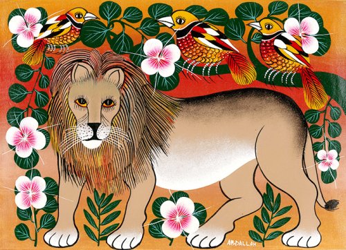 ティンガティンガ・アート 100「花の樹に憩うライオンとアフリカの鳥