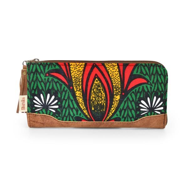 キテンゲ 本革長財布 30（グリーン×レッド）L字ファスナー - アフリカ