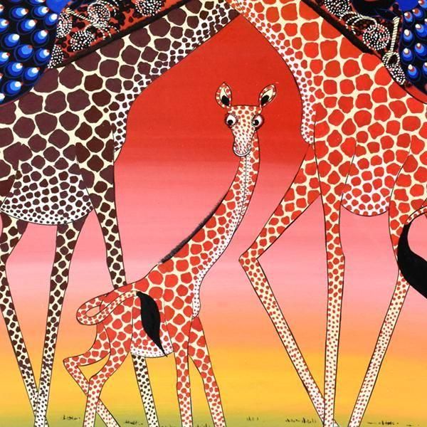 「キリンの家族」ベイカー氏遺作 ティンガティンガ ティンガティンガ・アート 203「花の木に憩うキリンの家族」by