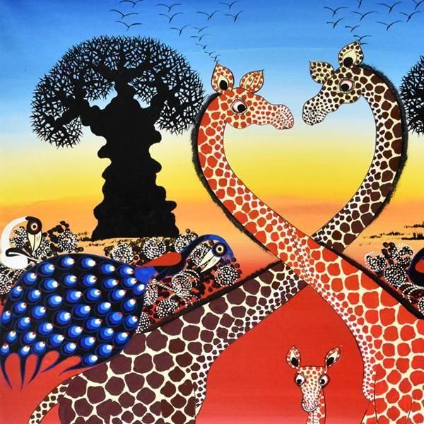 「キリンの家族」ベイカー氏遺作 ティンガティンガ ティンガティンガ・アート 9「キリンの家族とアフリカの鳥