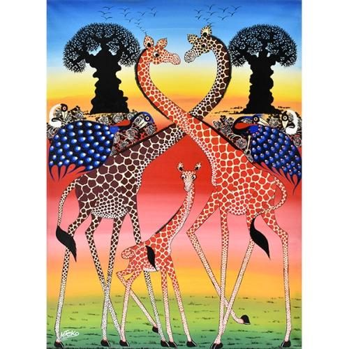 ティンガティンガ・アート 3335「しあわせを呼ぶキリンの家族