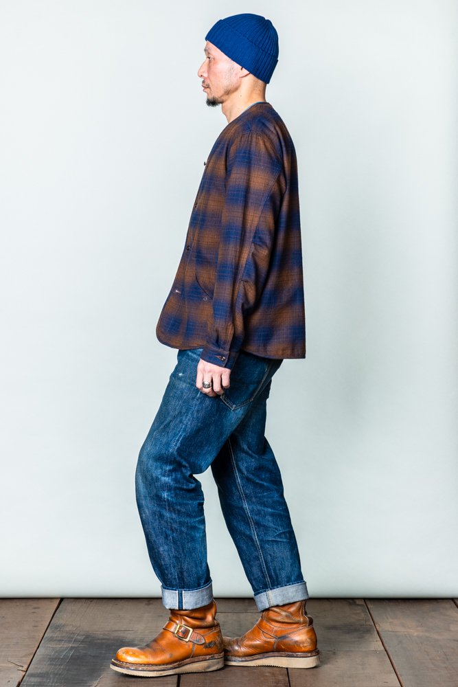 GERUGA ] ノーカラーシャツ / NO COLLAR SHIRTS -OMBRE CHECK- (brown