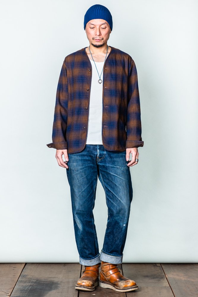 GERUGA ] ノーカラーシャツ / NO COLLAR SHIRTS -OMBRE CHECK- (brown