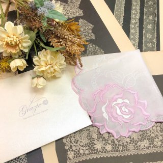 バラ刺繍ハンカチ【シルキーローズ】ピンク×ホワイト
