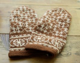 ラトビア　手編みのミトン手袋  茶×うす茶　S