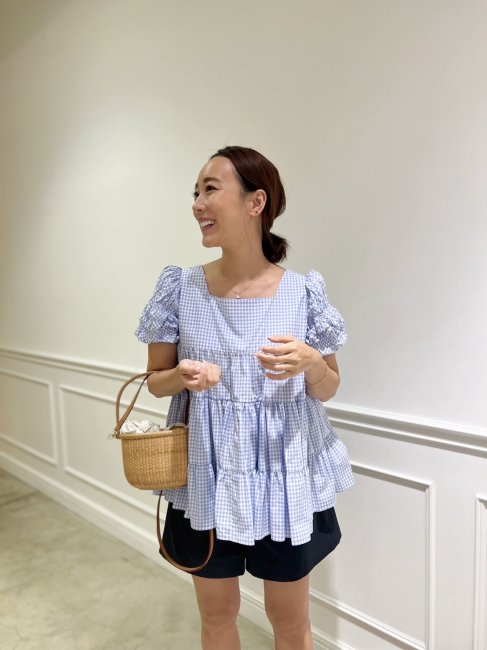 rosymonster triple frill blouse ネイビーギンガム-