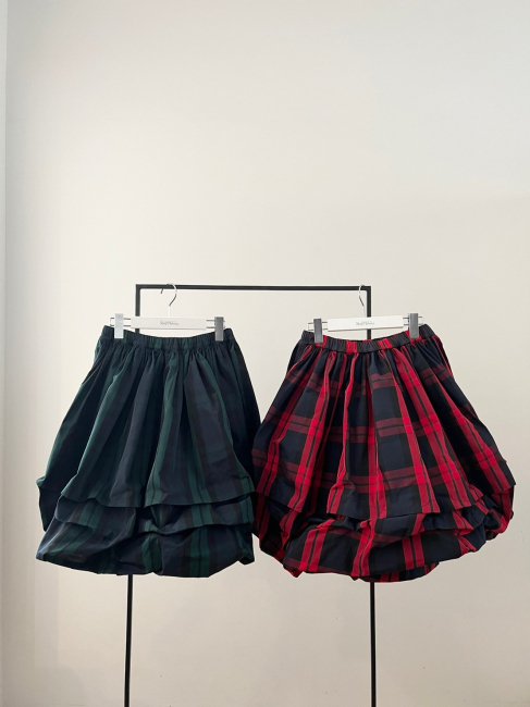 在庫調整】tsuntsun balloon check skirt【ネイビー×グリーンのみ