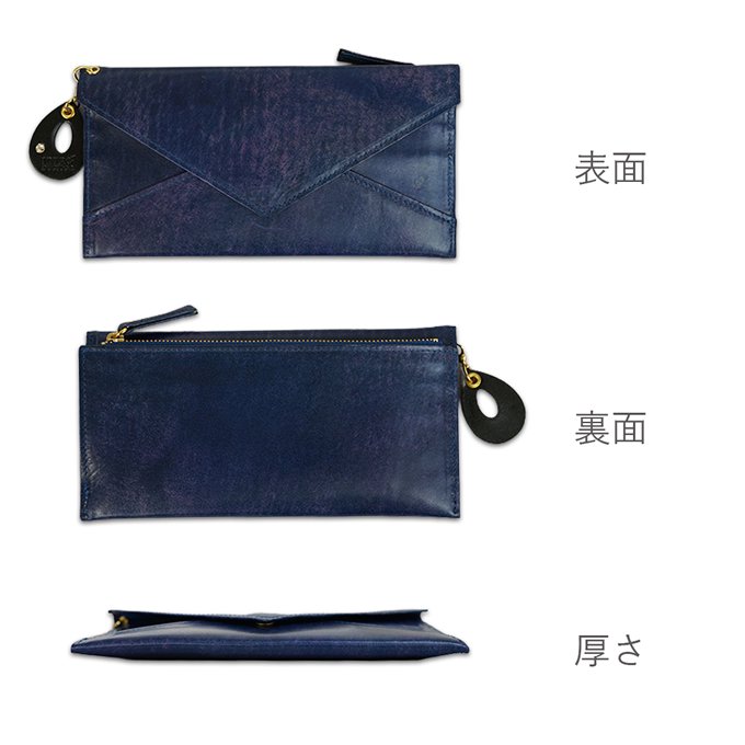 薄い長財布＜ソリュドアンティーク＞バイオレットブルーの表面、裏面、薄さの画像