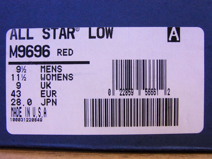コンバース,90s,USA製,オールスター,OX,RED キャンバス,9.5インチ,箱 