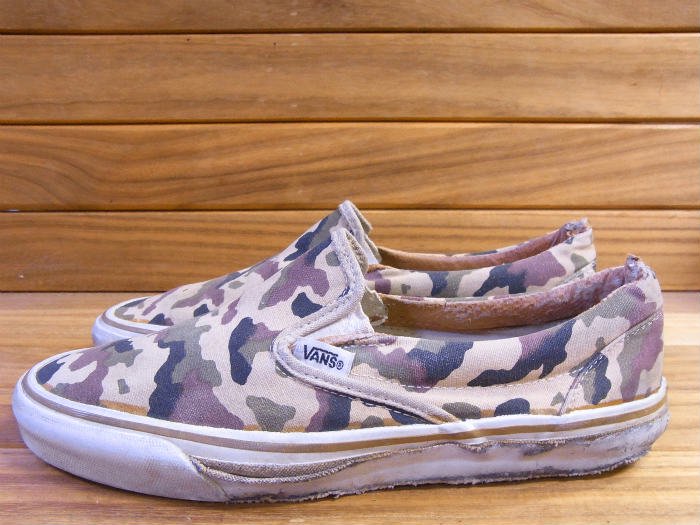 VANS,MADE IN USA,SLIP ON,CANVAS,BEIGE CAMO,US8.5,USED