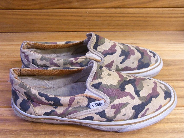 VANS,MADE IN USA,SLIP ON,CANVAS,BEIGE CAMO,US8.5,USED