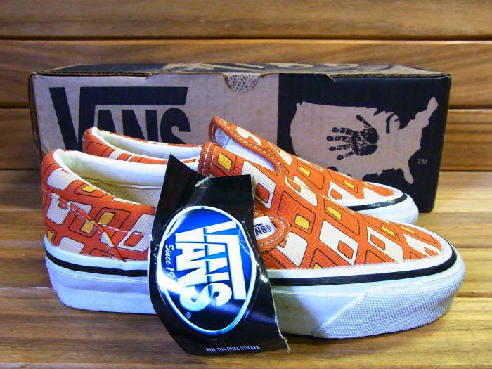 VANS,90s,MADE IN USA,SLIP ON,PUMPKIN RETRO RECTANGLE,CANVAS,BROWN 
