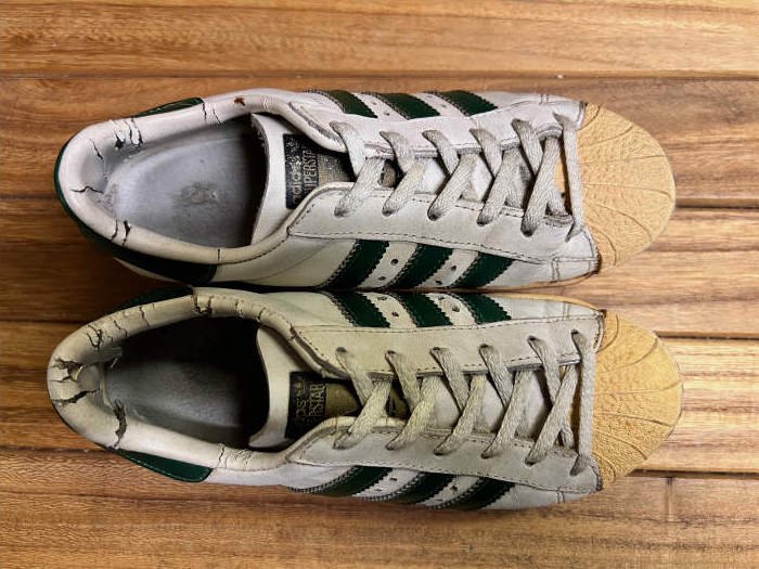 adidas,70s,MADE IN FRANCE,SUPER STAR,WHITE,GREEN,LEATHER,UK5,USED