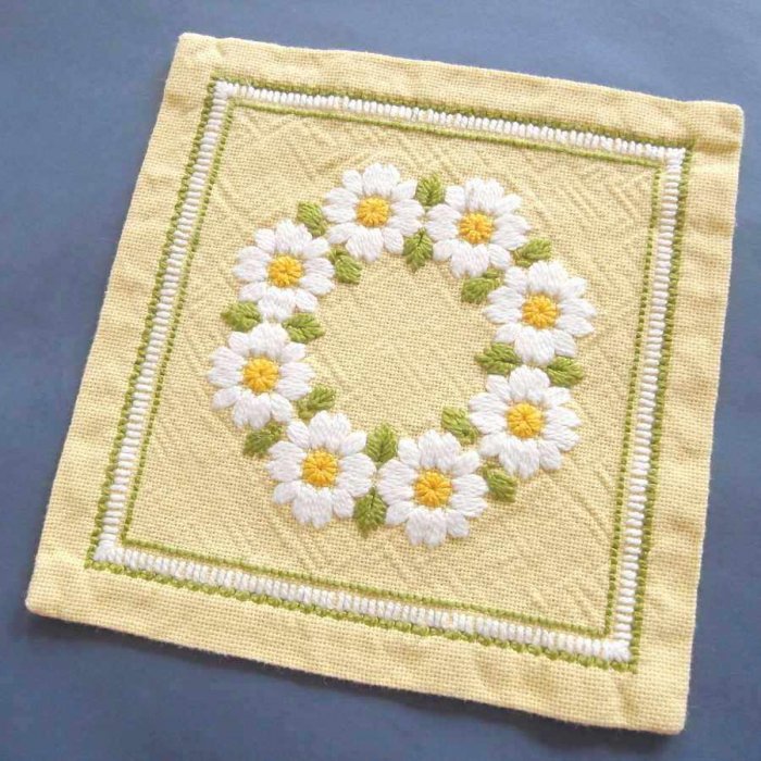 在庫処分・数量限定 * vintage cloth mat ❀ 白いお花 刺しゅうの 青い