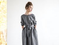 not PERFECT LINEN | Oversized loose linen dress long sleeves wool blend (dark grey)の商品画像