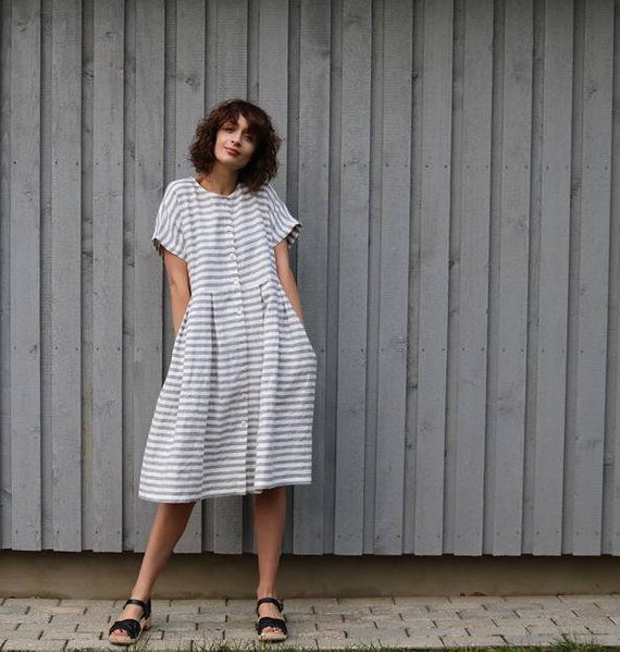 OffOn | short sleeve linen dress (grey stripe) | ワンピース | 着丈90cm