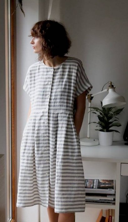 Offon Short Sleeve Linen Dress Grey Stripe ワンピース 着丈90cm