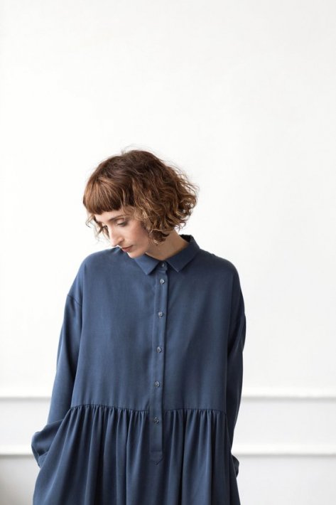 OffOn | long sleeve shirt dress (navy) | ワンピース | 着丈95cm