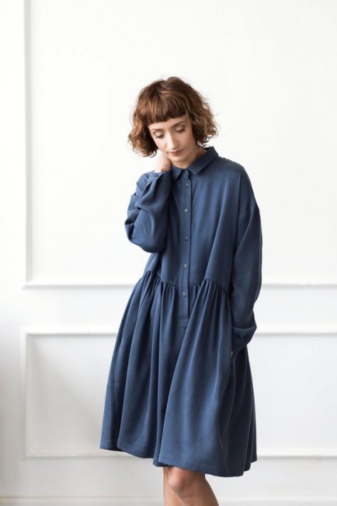 OffOn | long sleeve shirt dress (navy) | ワンピース | 着丈95cm