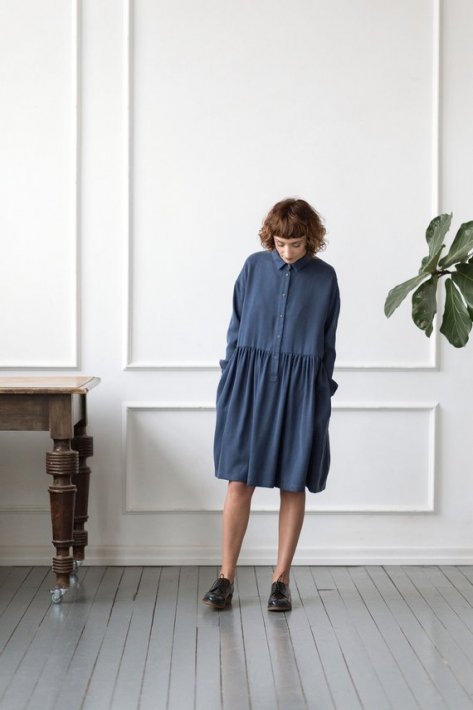 OffOn | long sleeve shirt dress (navy) | ワンピース | 着丈95cm