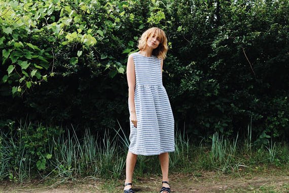 Offon Sleevless Linen Dress Blue Stripe ワンピース 着丈90cm リトアニア リネン 麻 北欧 東欧 Www Koikhai Com