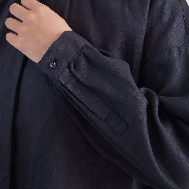 HEAVENLY (ヘブンリー) | Linen Nocollar Gather Blouse (dark navy