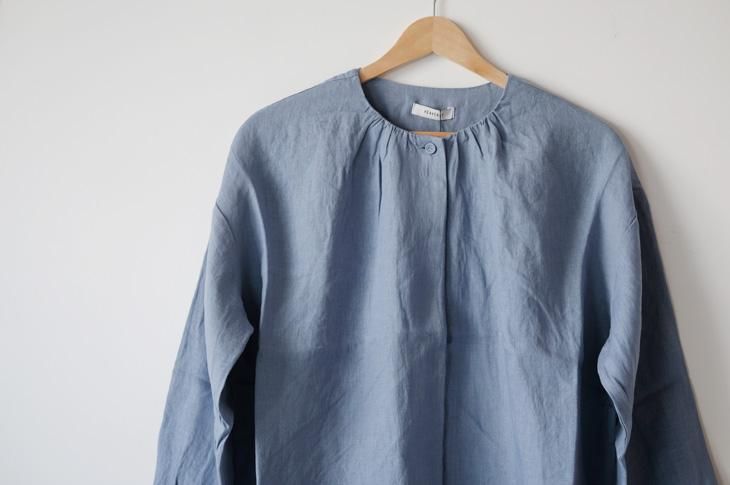 HEAVENLY (ヘブンリー) | Linen Nocollar Gather Blouse (smock blue