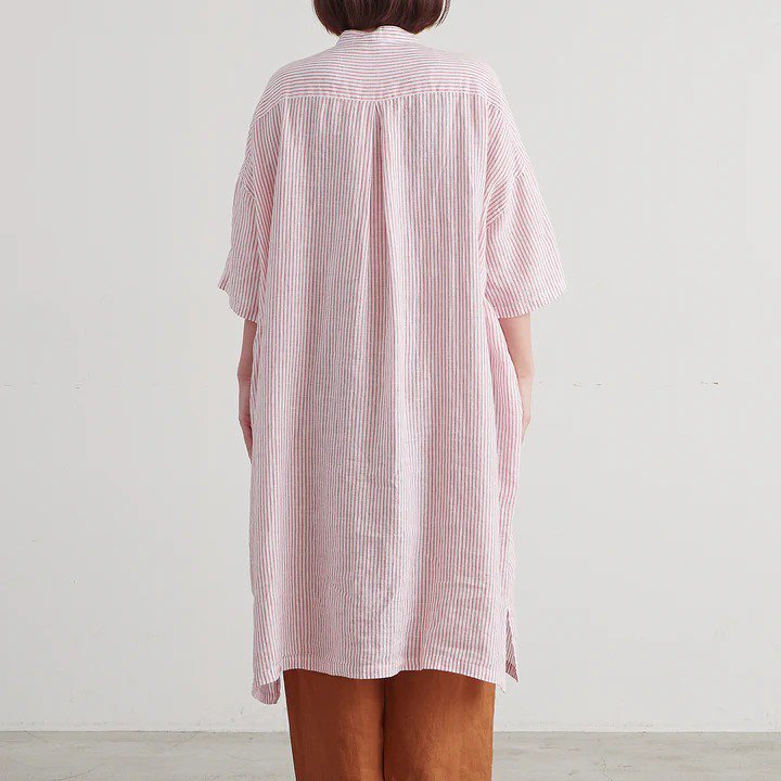 HEAVENLY (ヘブンリー) | LINEN STRIPE BANDCOLLAR SHIRT ONEPIECE (orange) | シャツ  ワンピース シンプル お洒落