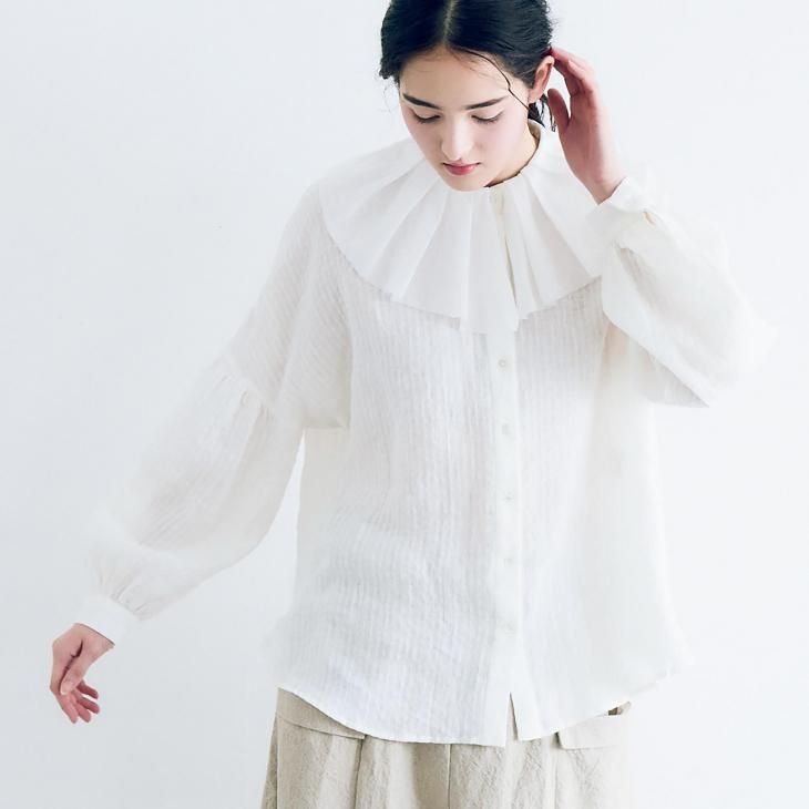 美品　MAGALI マガリ ストライプリネンタックショルダー　シャツ　ブラウス MAGALI｜コットン タック ショルダー 長袖 シャツ ブラウス