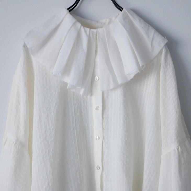 美品【MAGALI】リネン100％ ブラウス ストライプ 袖フリル バイカラー 美品【MAGALI】リネン100％ ブラウス ストライプ 袖フリル バイ