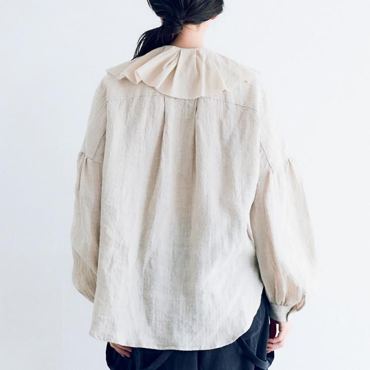 美品【MAGALI】リネン100％ ブラウス ストライプ 袖フリル バイカラー 美品【MAGALI】リネン100％ ブラウス ストライプ 袖フリル バイ