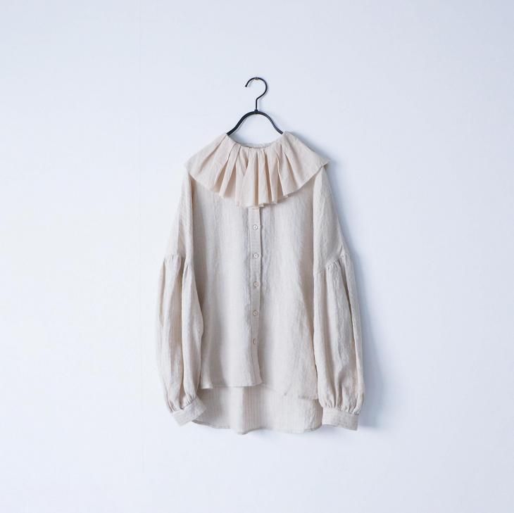 美品【MAGALI】リネン100％ ブラウス ストライプ 袖フリル バイカラー 美品【MAGALI】リネン100％ ブラウス ストライプ 袖フリル バイ