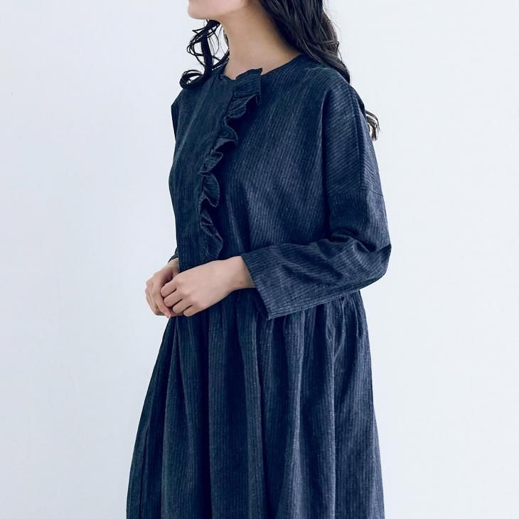 MAGALI | インディゴコットンリネン・フリルワンピース (ネイビー