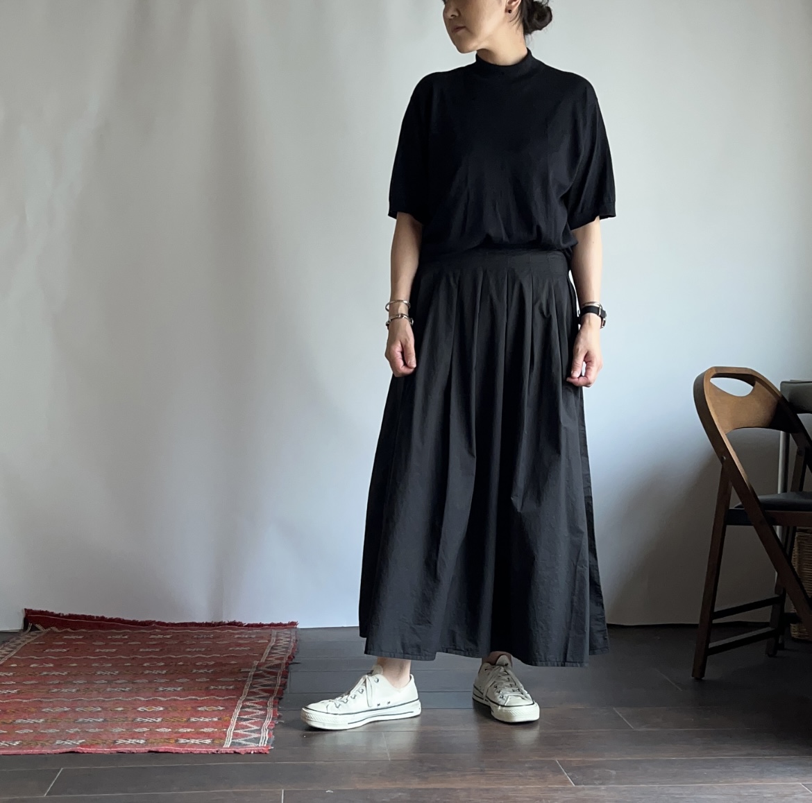 Le pivot コットンタックロングスカート（ブラック） - calme online shop